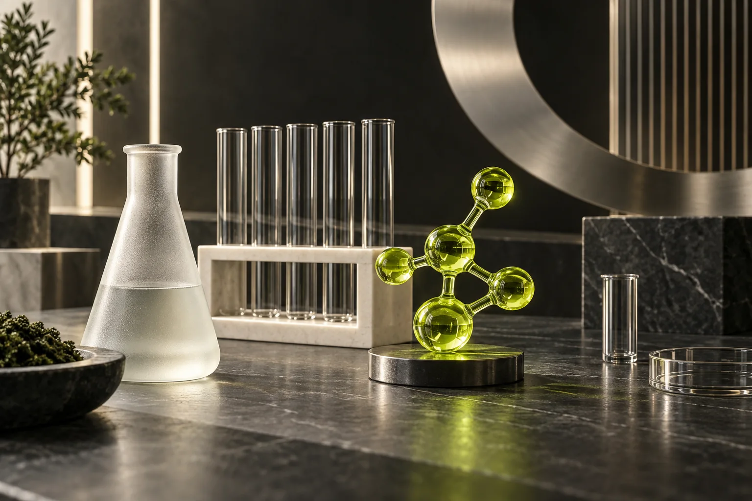 A frosted flask, empty test tubes in a rack and a luminous molecular sculpture on a laboratory bench