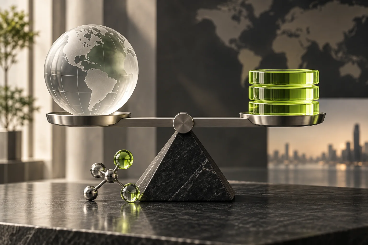 A chrome balance beam weighs a frosted globe against lime glass discs beside a molecular sculpture
