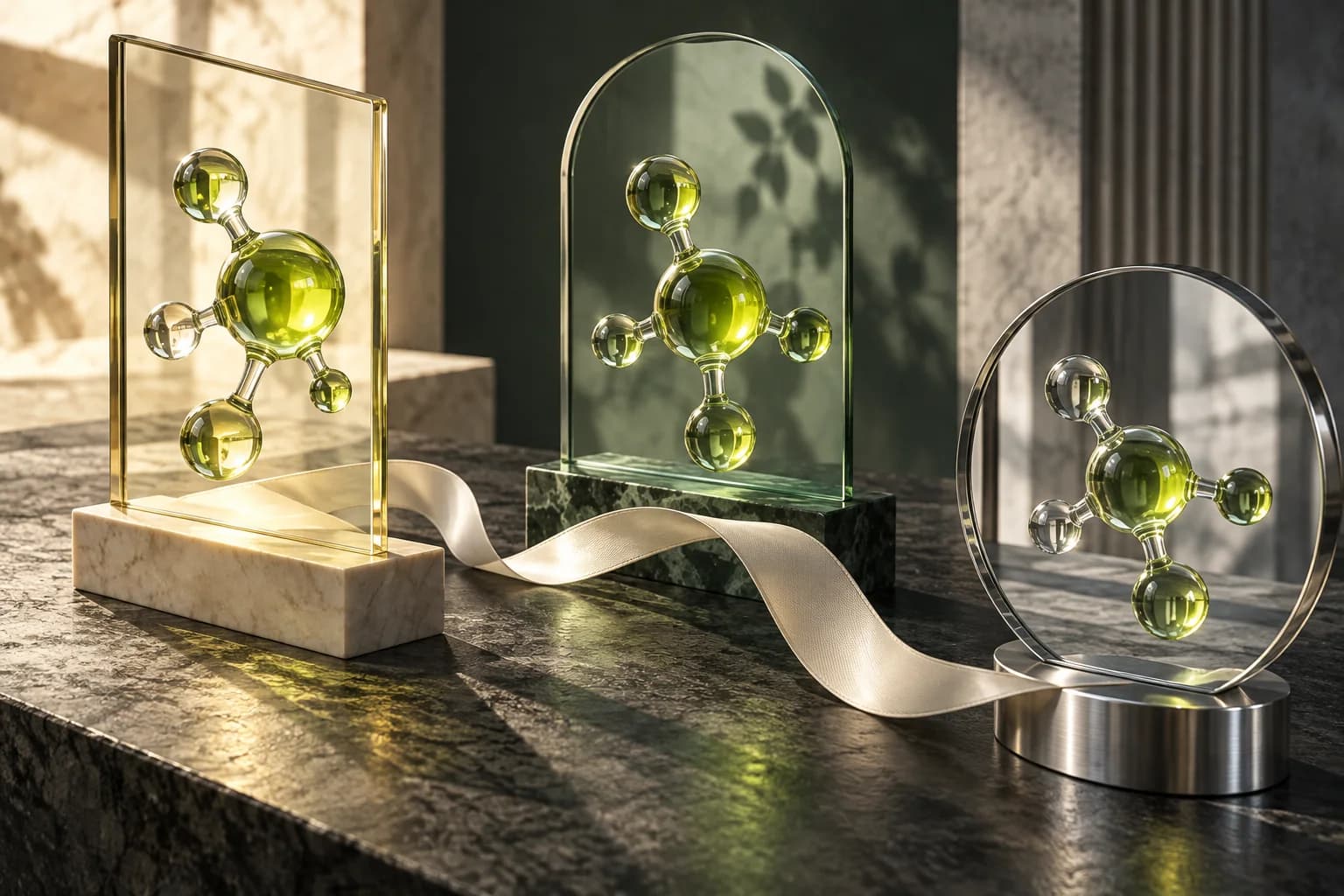 Three translucent frames refract molecular glass sculptures into different compositions