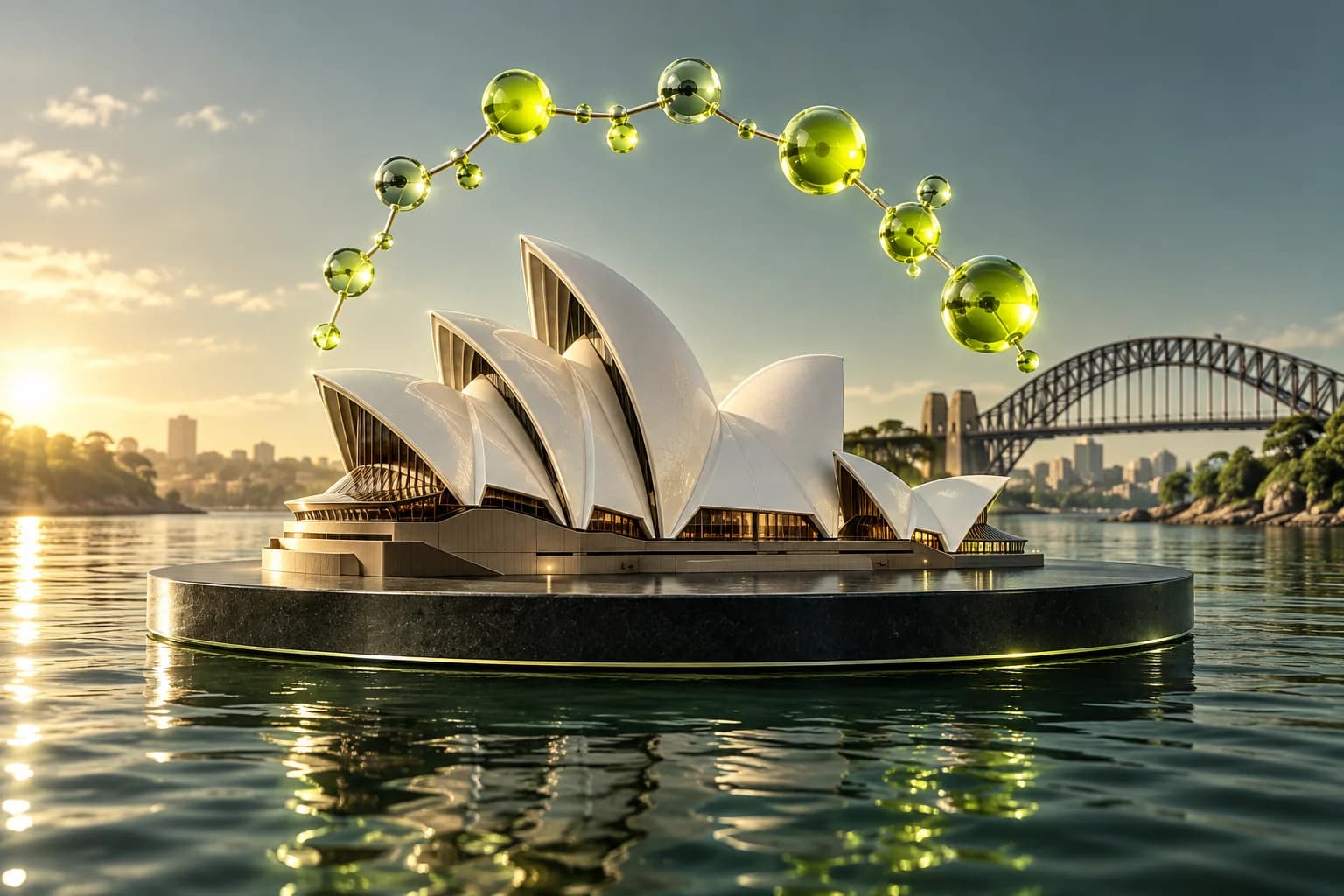 Glass Sydney Opera House forms beside a molecular sculpture