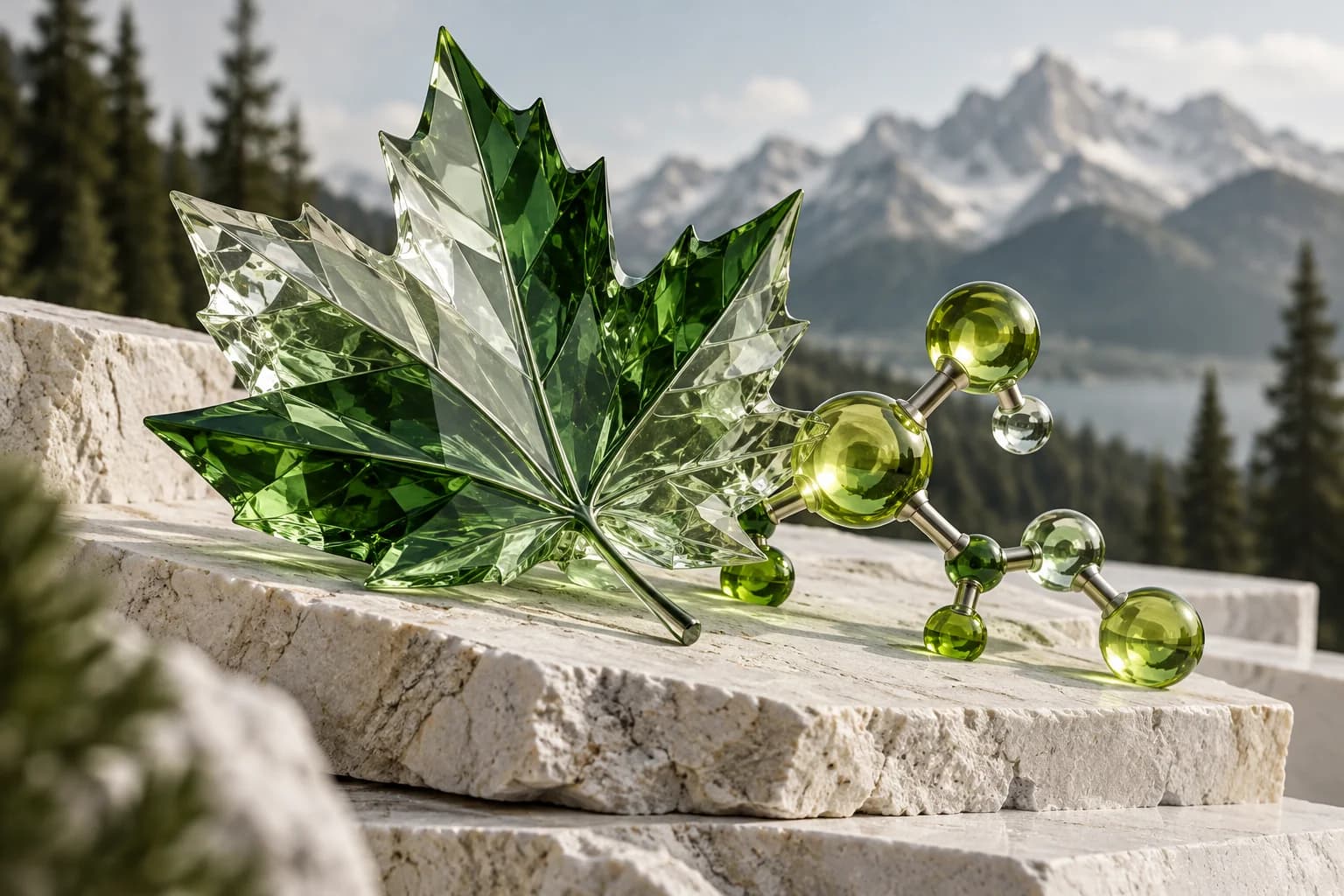 Faceted glass maple leaf and a molecular sculpture
