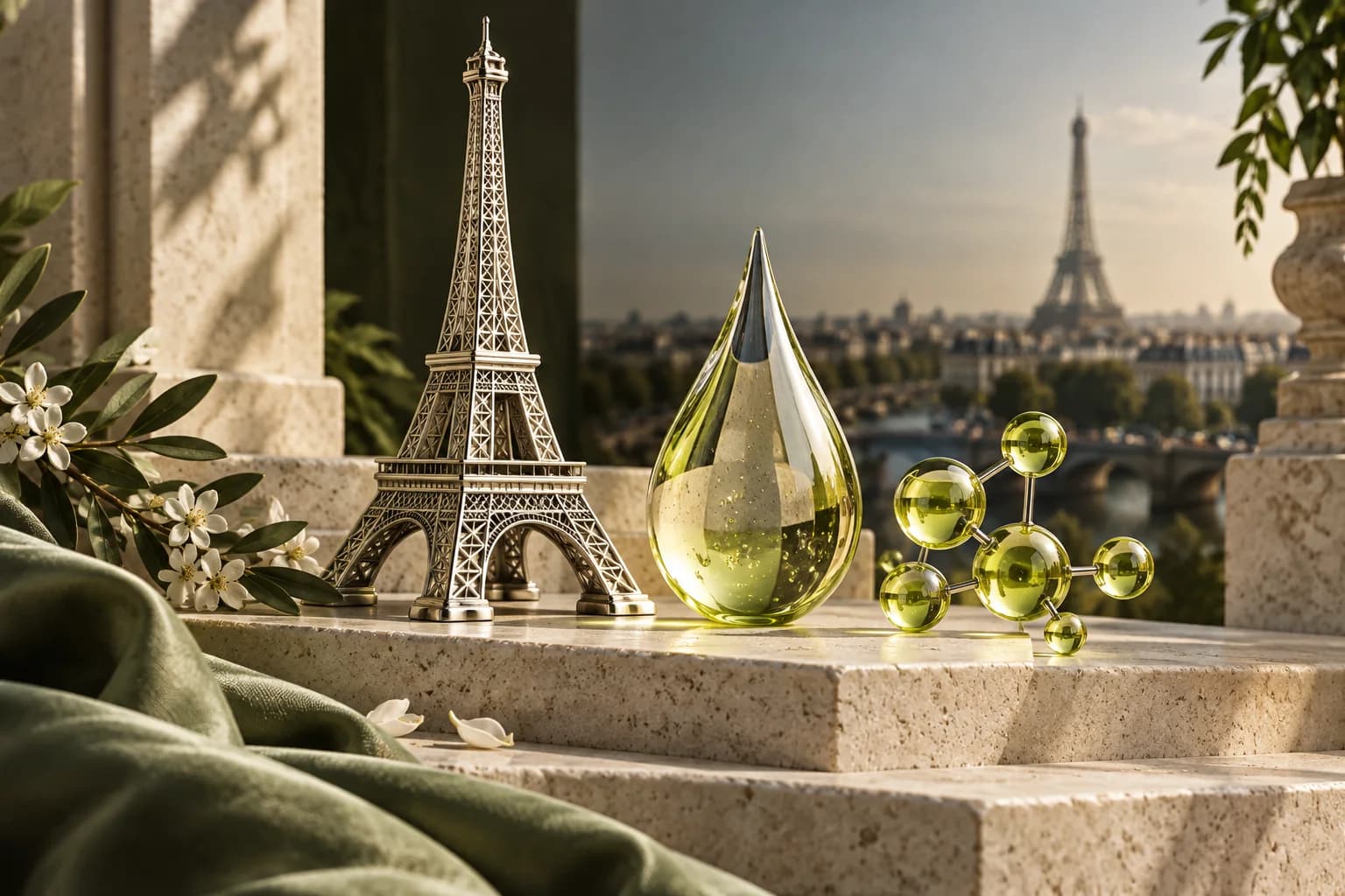 Glass Eiffel Tower, a suspended droplet and a molecular sculpture