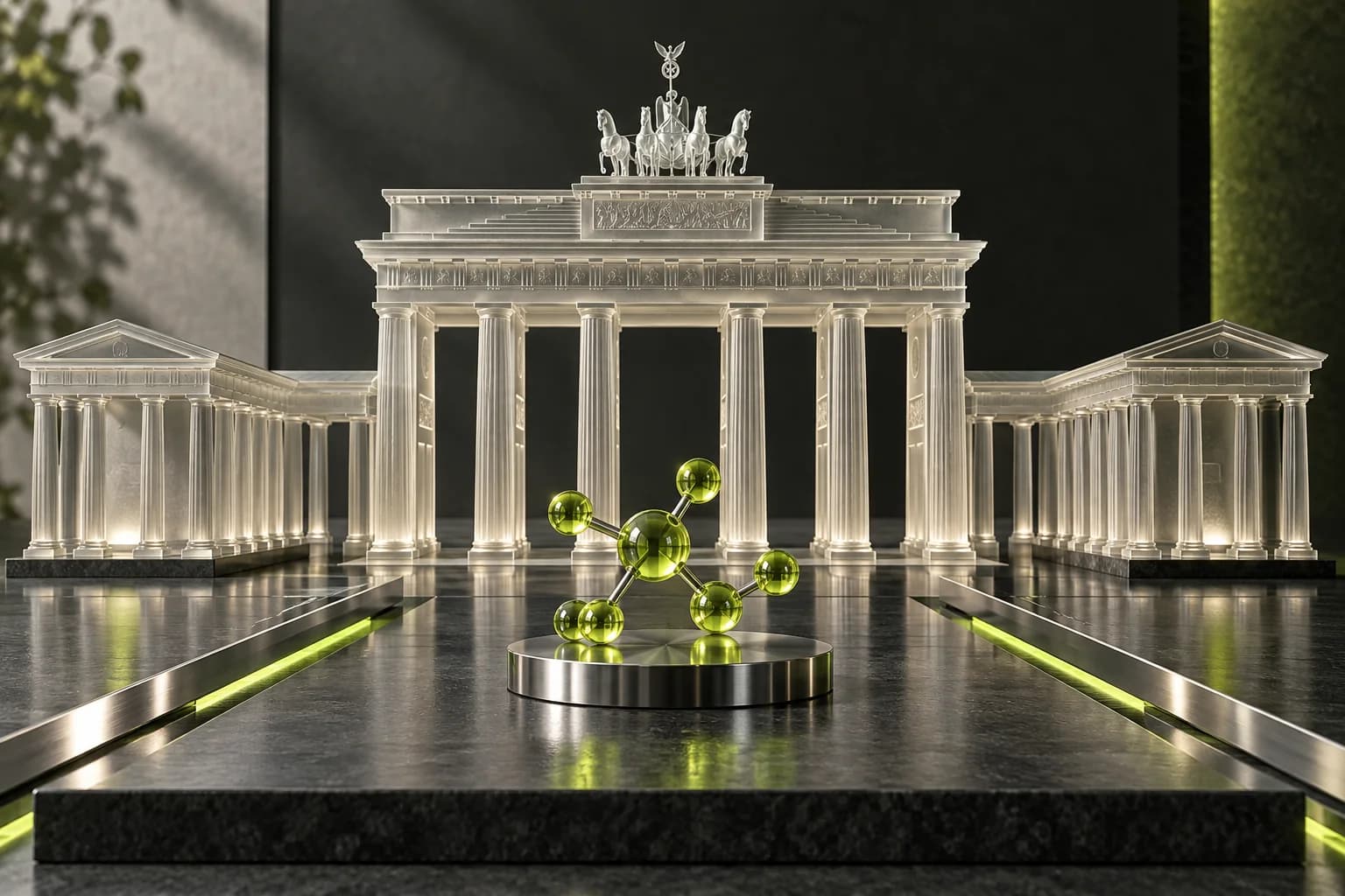 Glass Brandenburg Gate and a molecular sculpture in an architectural composition