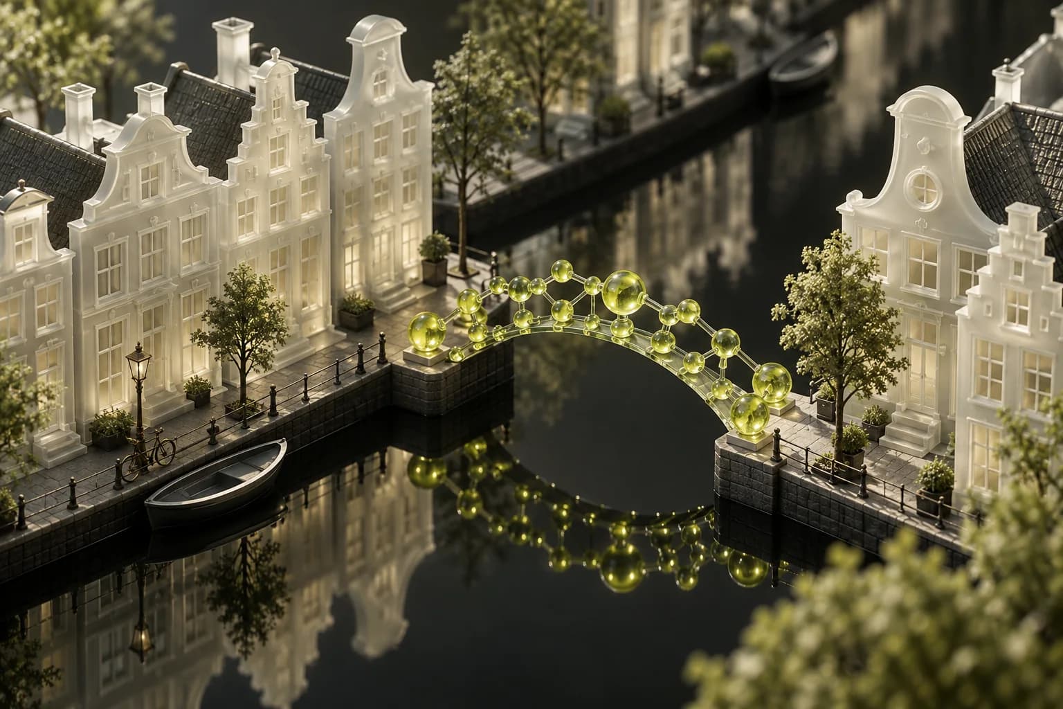 Sculptural Dutch canal houses joined by a molecular glass bridge