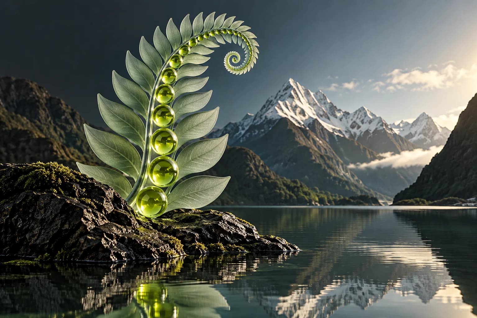 Silver fern and molecular glass forms against sculpted mountain contours