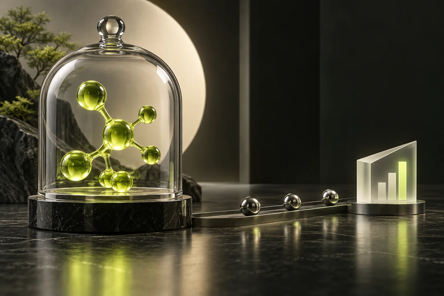 A molecular sculpture under a glass bell jar beside three chrome spheres leading toward a frosted prism