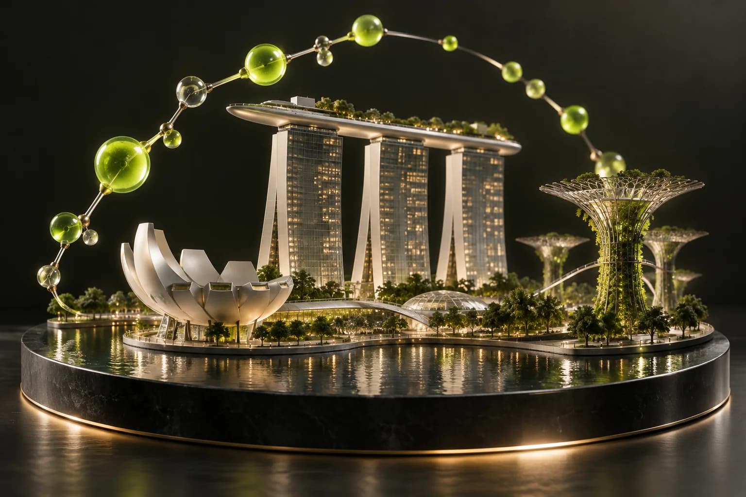 Glass Marina Bay and Supertree-inspired forms beside a molecular sculpture