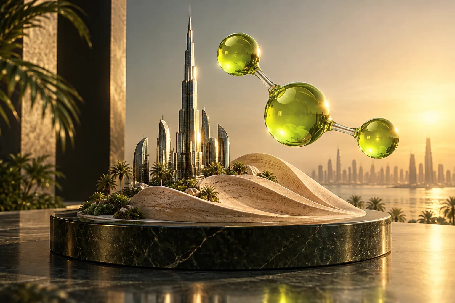 Glass Dubai skyline, sculpted desert dunes and a molecular form