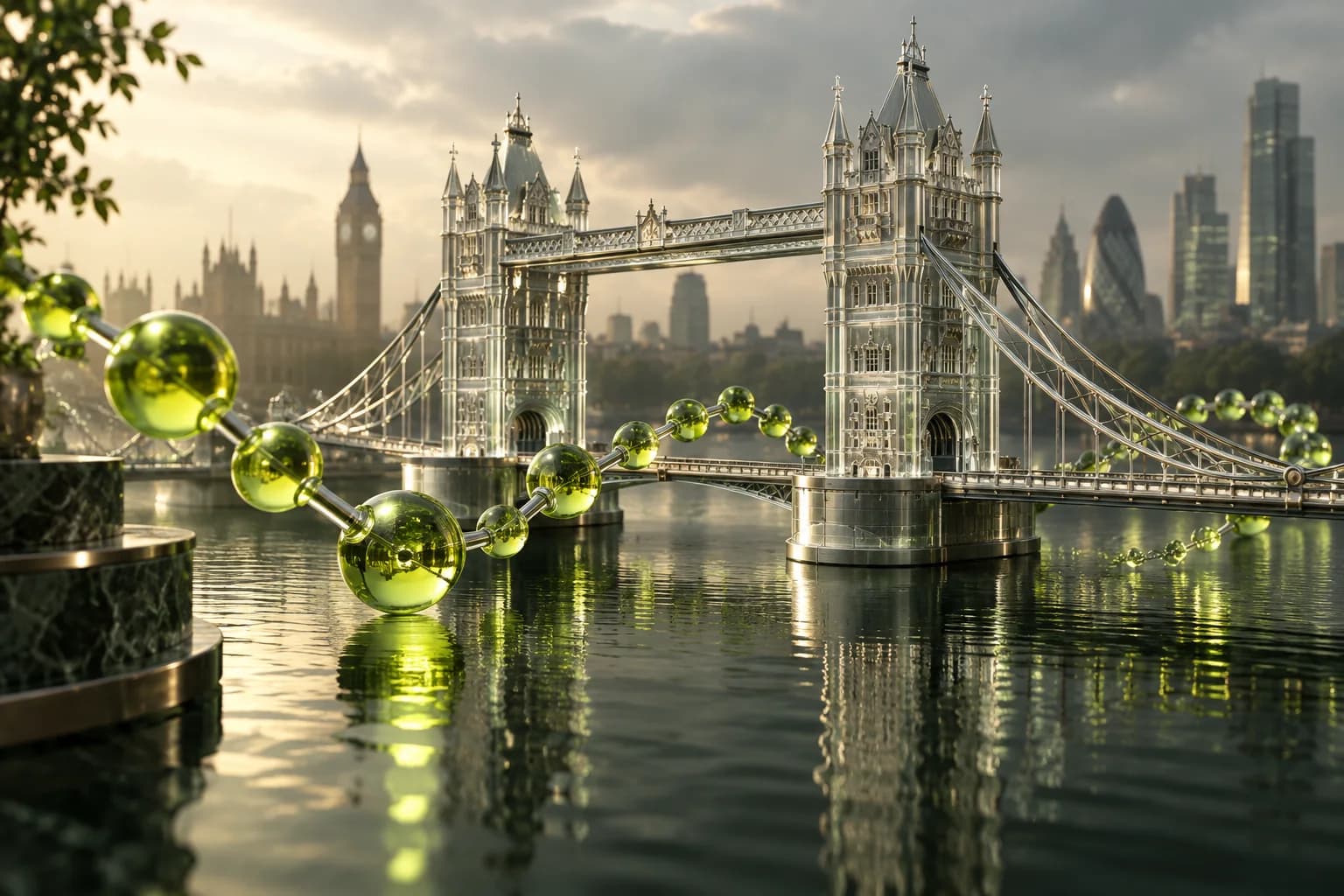 Glass Tower Bridge beside a molecular sculpture in a London-inspired scene