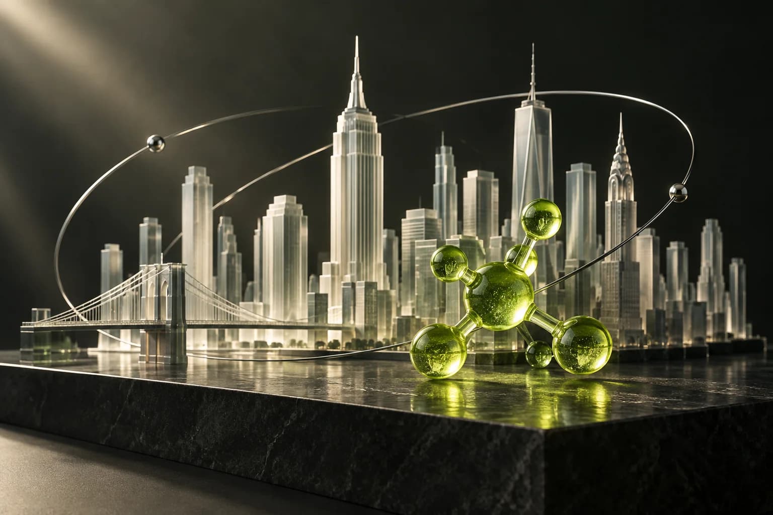 Glass New York skyline and molecular sculpture in warm studio light