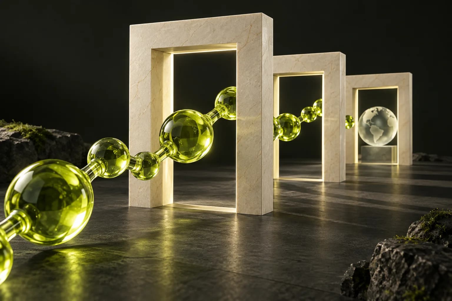 Three ivory stone gateways with a lime glass molecular chain and a frosted globe