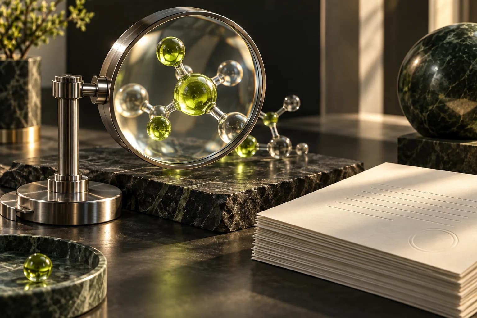 A clear magnifying lens examines molecular beads beside blank ivory report sheets