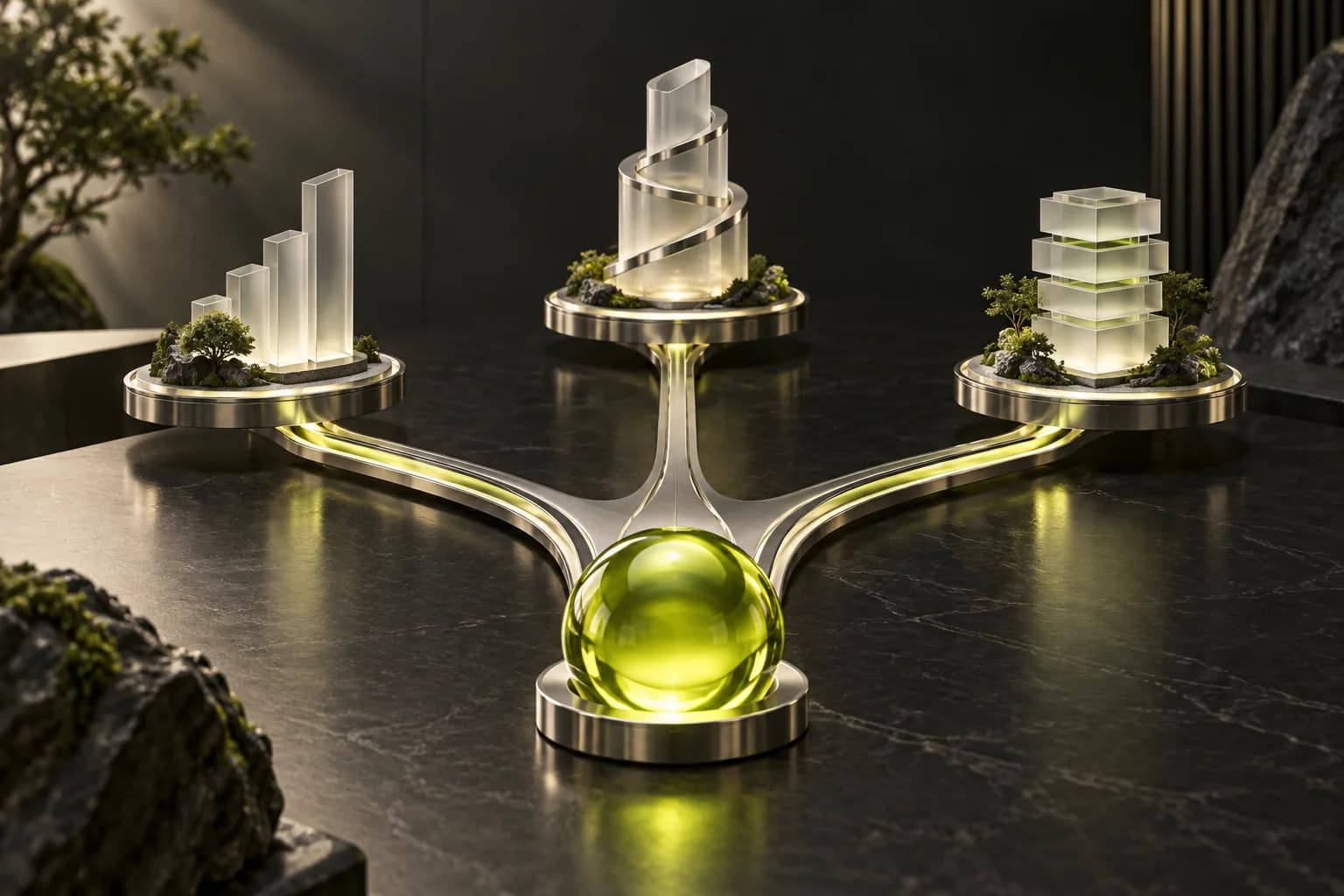 A central glass bead branches toward three platforms holding abstract glass buildings