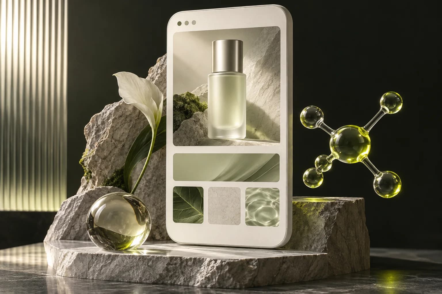 An ivory browser panel with an unlabeled frosted bottle beside a glass molecular sculpture