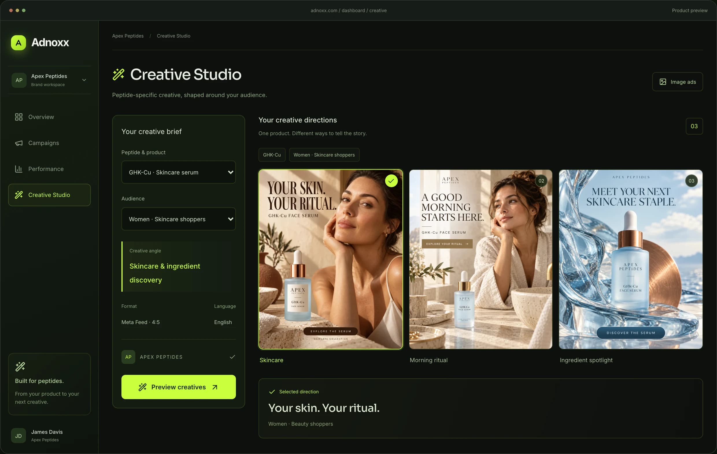 Illustrative Adnoxx Creative Studio workspace showing a GHK-Cu skincare brief and three original creative directions