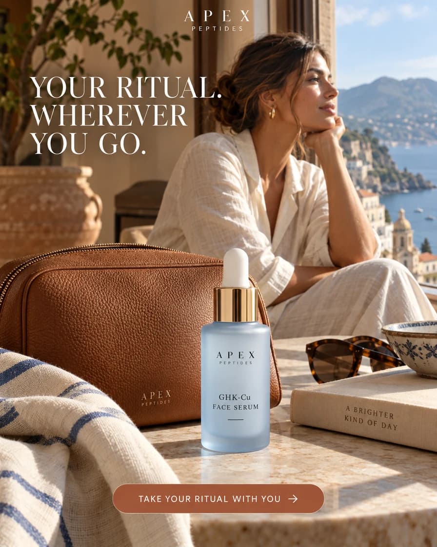GHK-Cu skincare serum creative concept: Your ritual. Wherever you go.
