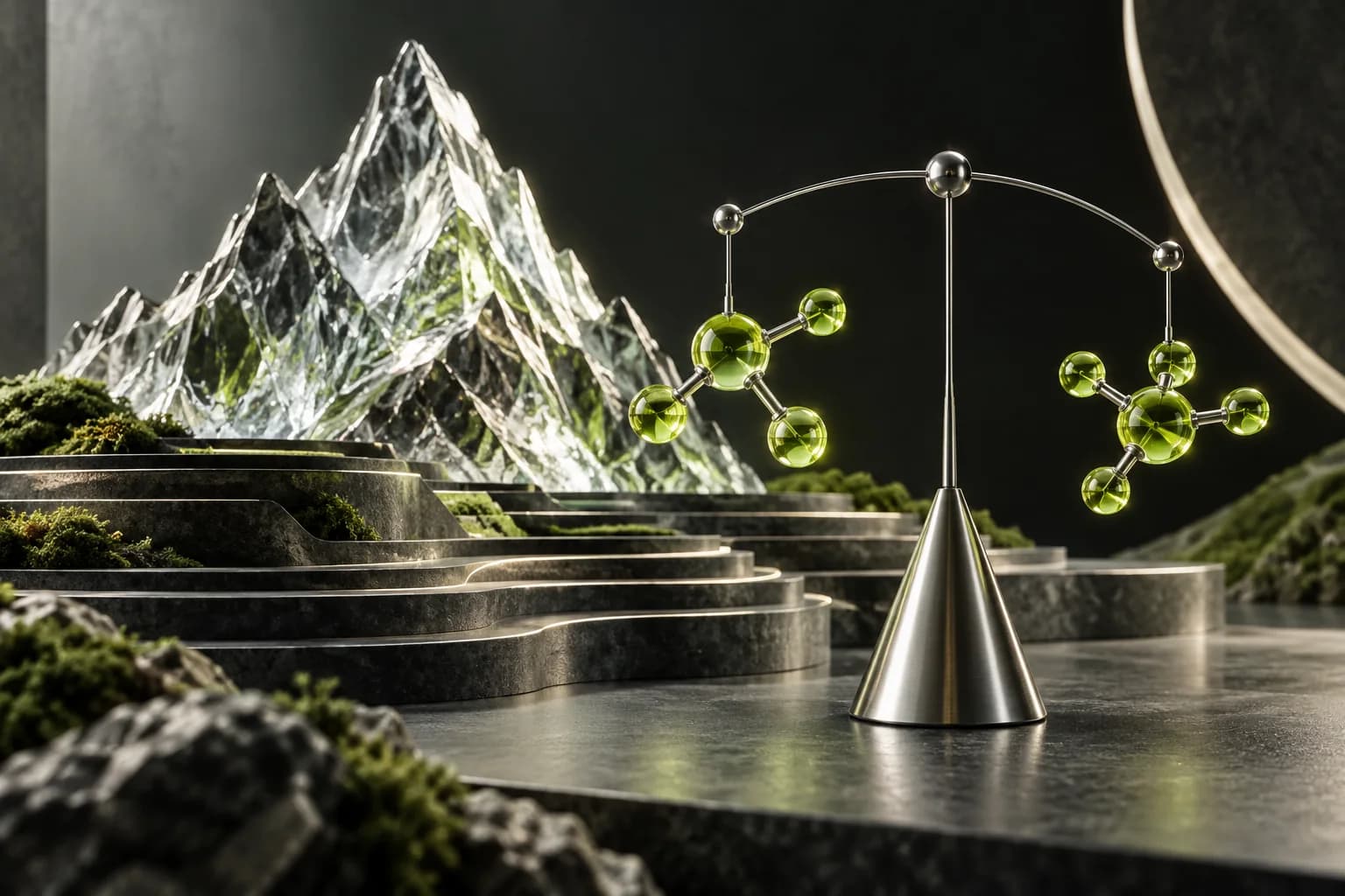 Glass Alpine peaks beneath a balanced molecular mobile