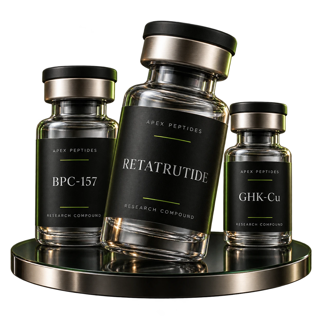 Retatrutide, BPC-157 and GHK-Cu research vials with dark labels and satin metal closures, arranged on a smoked-glass plinth